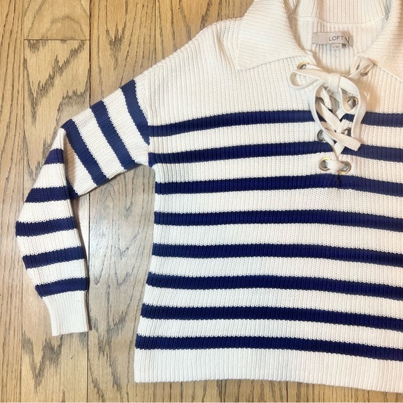 LOFT Striped Blue and White Lace Up Polo Sweater Size Small - Picture 4 of 12